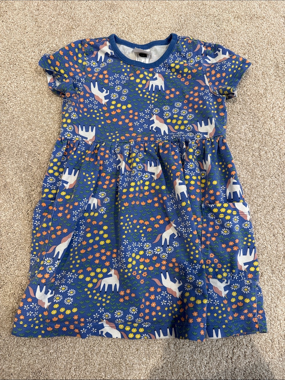 Hanna Andersson Blue Floral Unicorn Short Sleeve Dress 4t with pockets